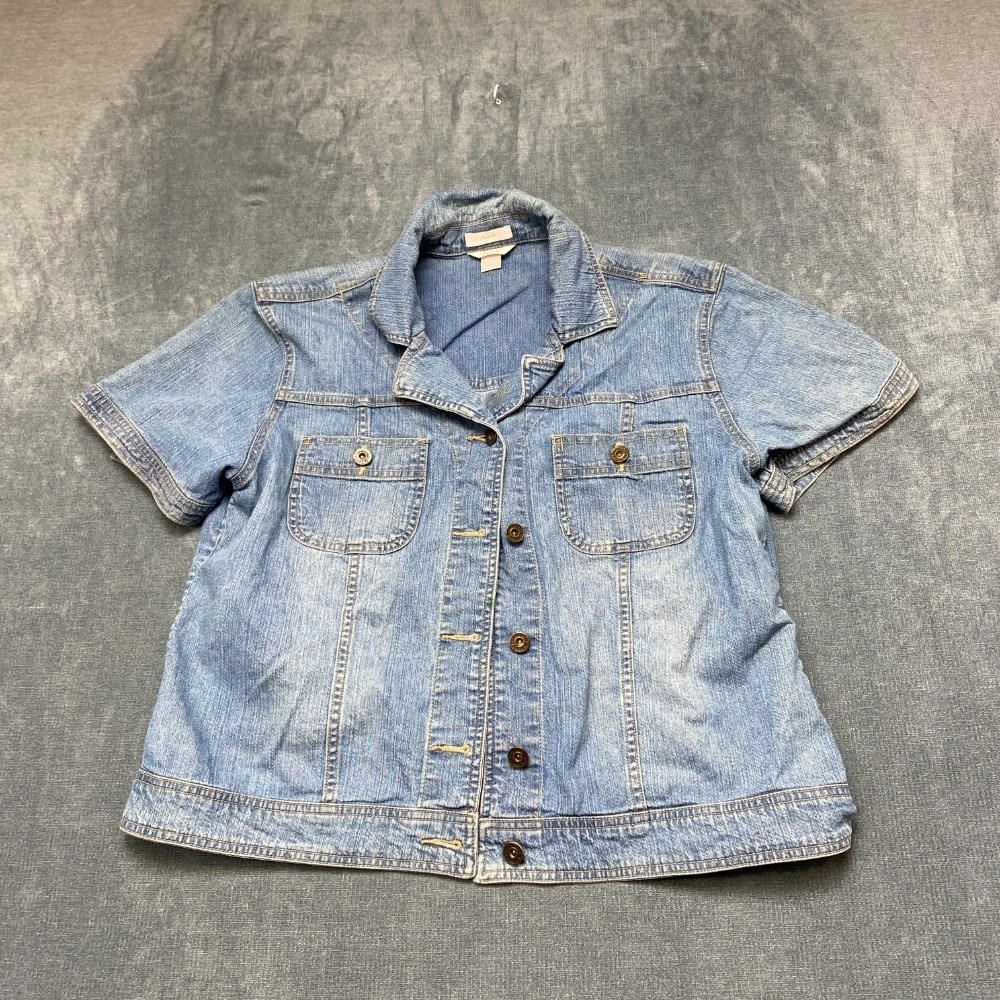 Christopher & Banks Stretch Denim Shirt Womens Large Blue Cotton Camp Collar